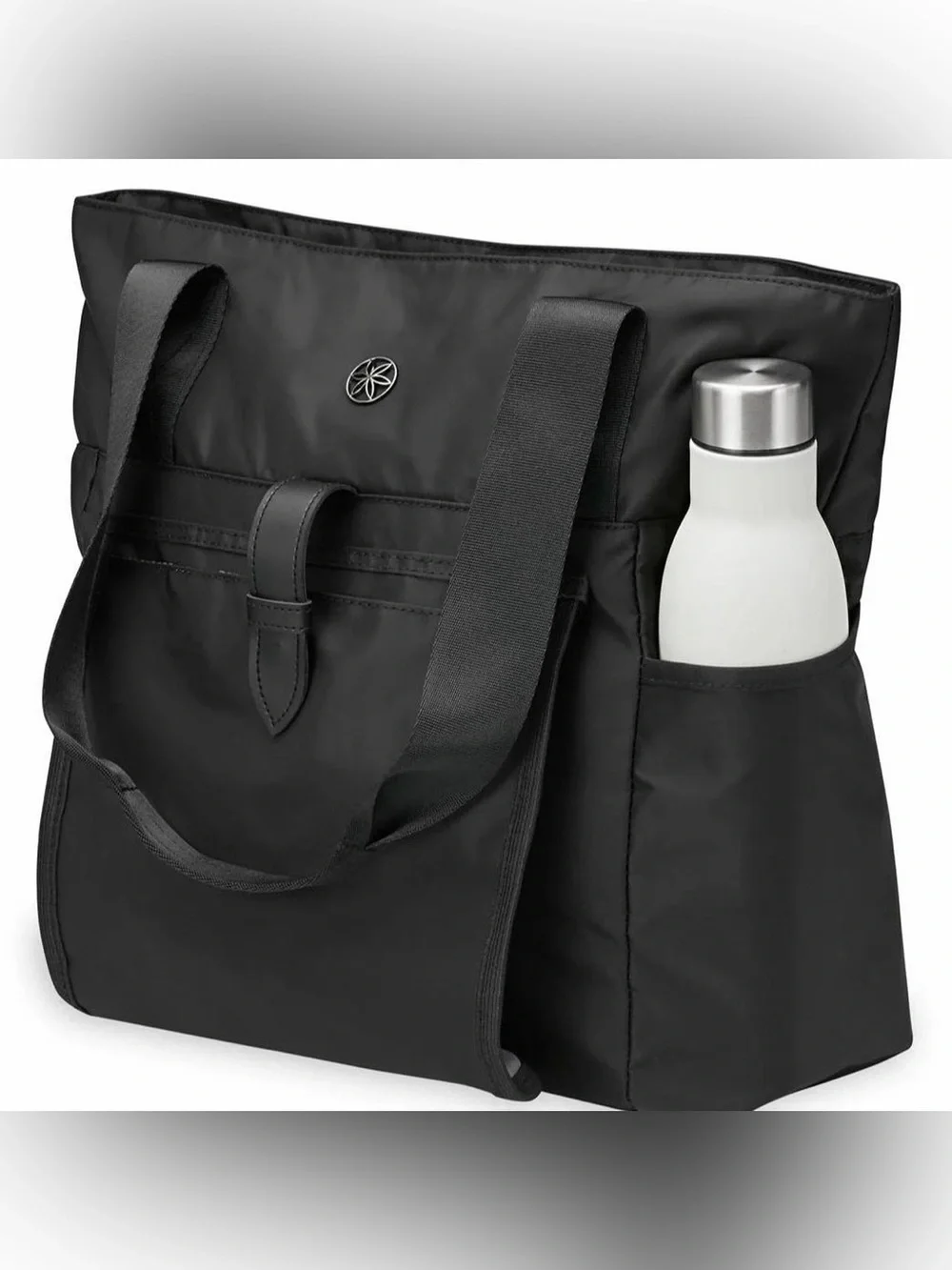 Black Nylon Tote Bag with Bottle Pocket